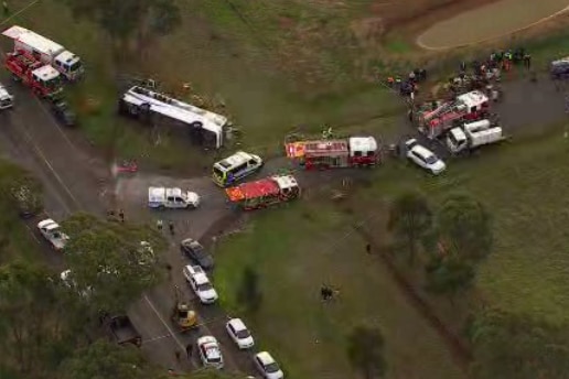 Aerial of the crash between a bus and truck in Melbourne's outer west
