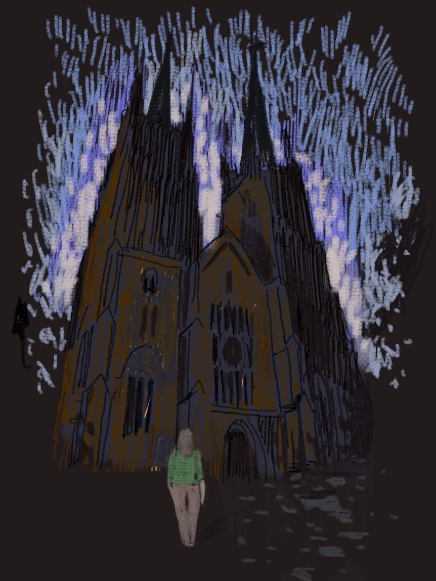 An illustration shows a woman standing in the shadow of a church.