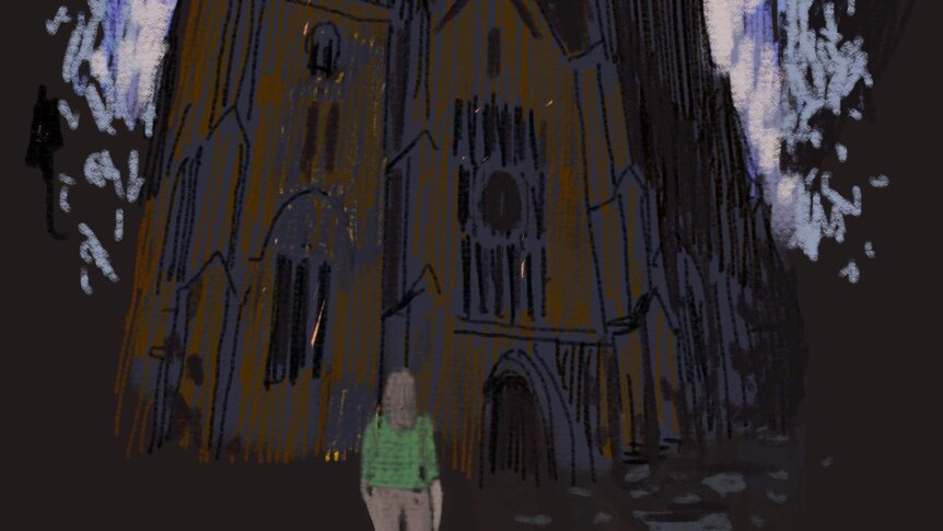 An illustration shows a woman standing in the shadow of a church.