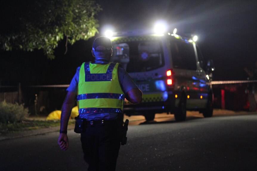 A police officer pictured by a police car at night