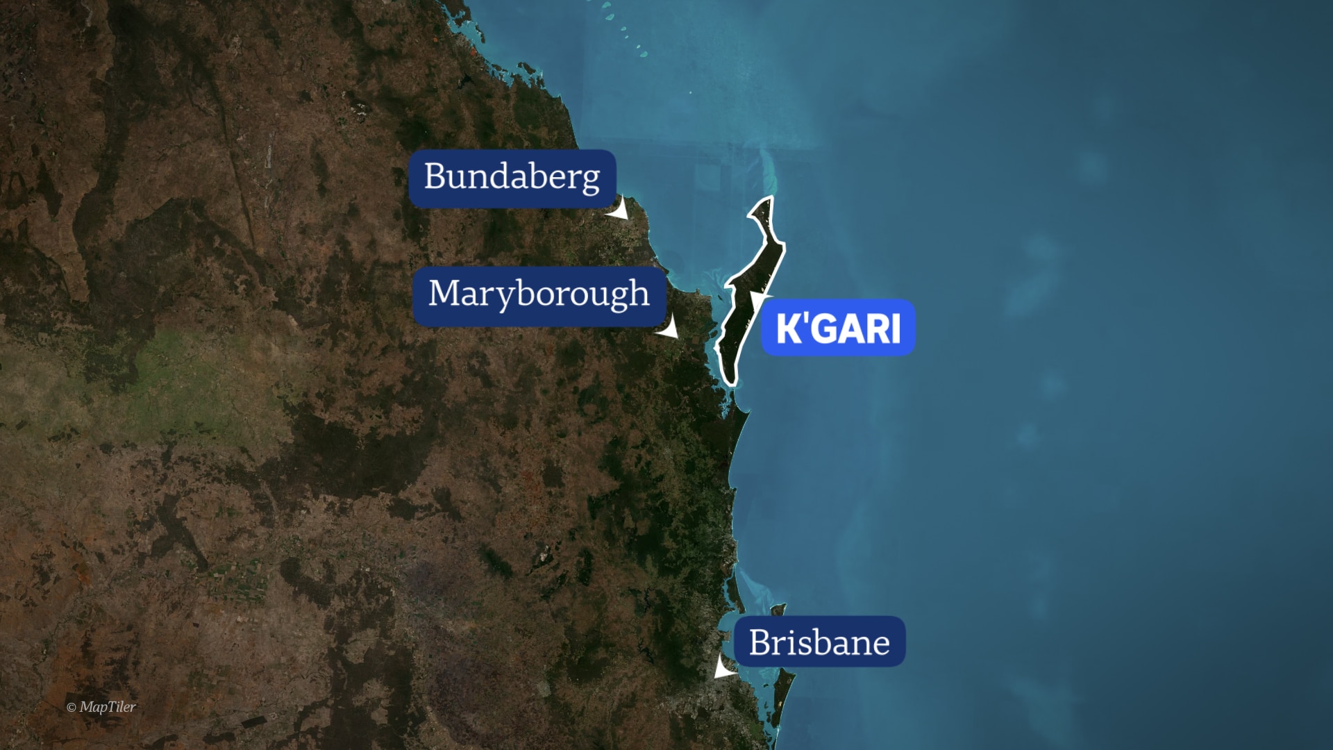 Un mapa que muestra a K'gari en relación con Bundaberg, Maryborough y Brisbane.
