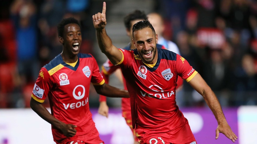 Tarek Elrich celebrates his goal for Adelaide United