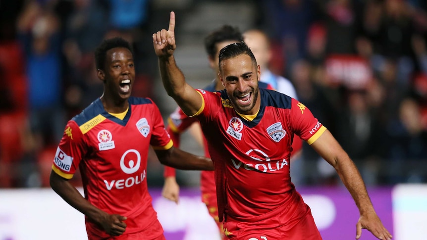 Tarek Elrich celebrates a stunning goal against Melbourne City.