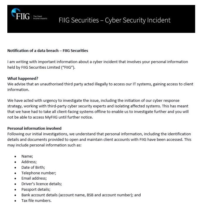 An email from FIIG to clients titled "notification of a data breach".