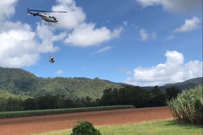 A helicopter slings a bucket over cane fields.