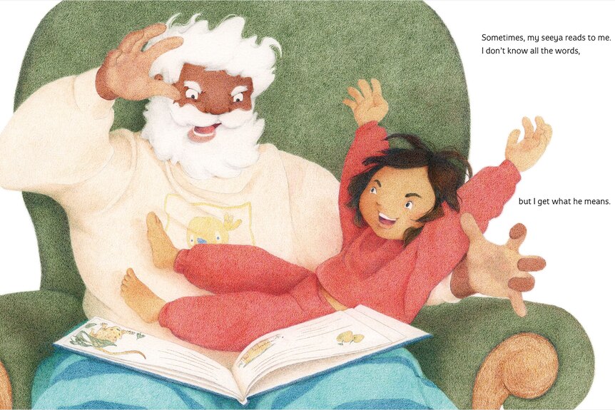 illustration of a grandfather reading to his grandchild and acting out the story