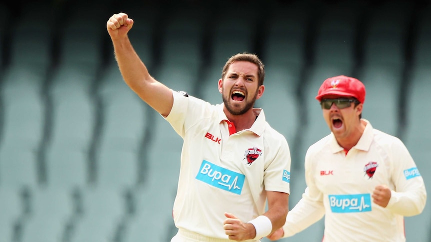 Redbacks paceman Chadd Sayers celebrates a winning moment ahead of his team's entry into the finals.