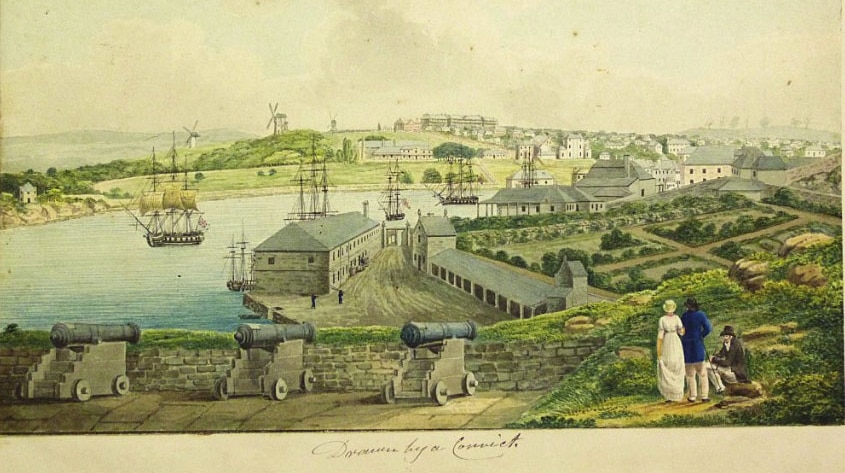 'A View of the Cove and Part of Sydney' - Underneath is written in black ink "Drawn by a Convict".