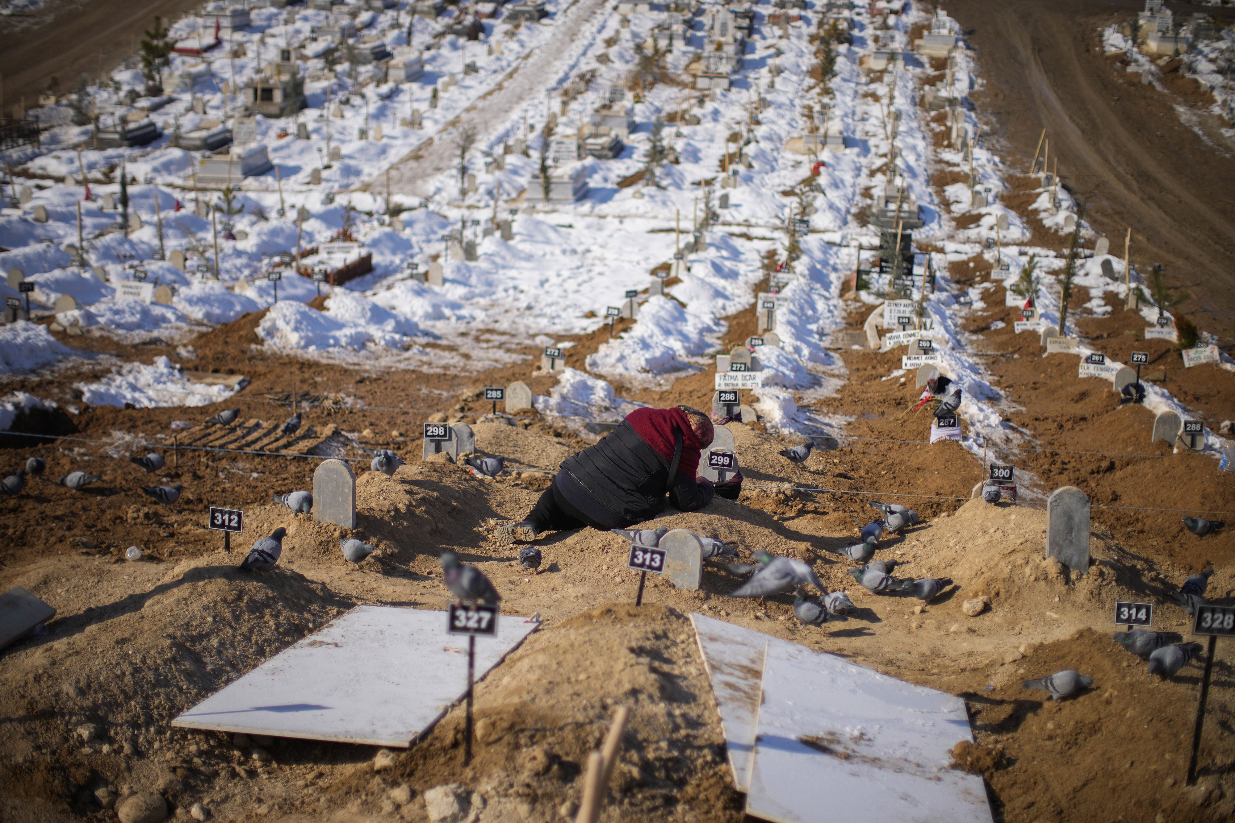 一个女人在一个大墓地里为她儿子和女儿的坟墓哭泣。