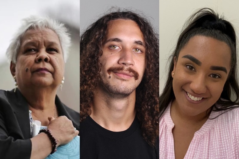 Composite of older woman, young man, young woman