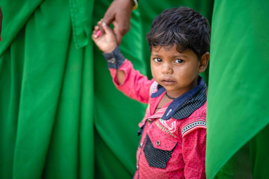 A small child looks at the camera surrounded by women in green saris