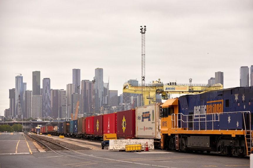 Containers with the city in the background