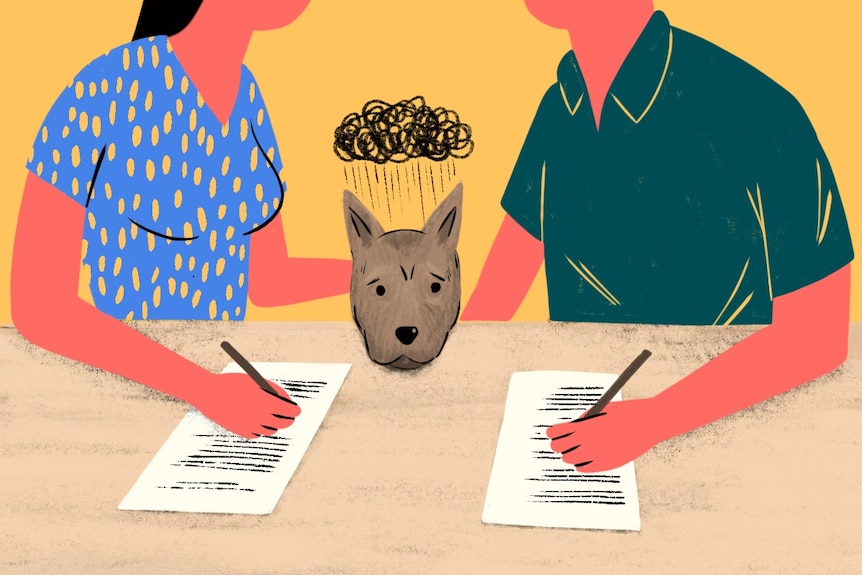 Illustration of a dog feeling sad between its two owners signing pet custody paperwork after a relationship breakup.