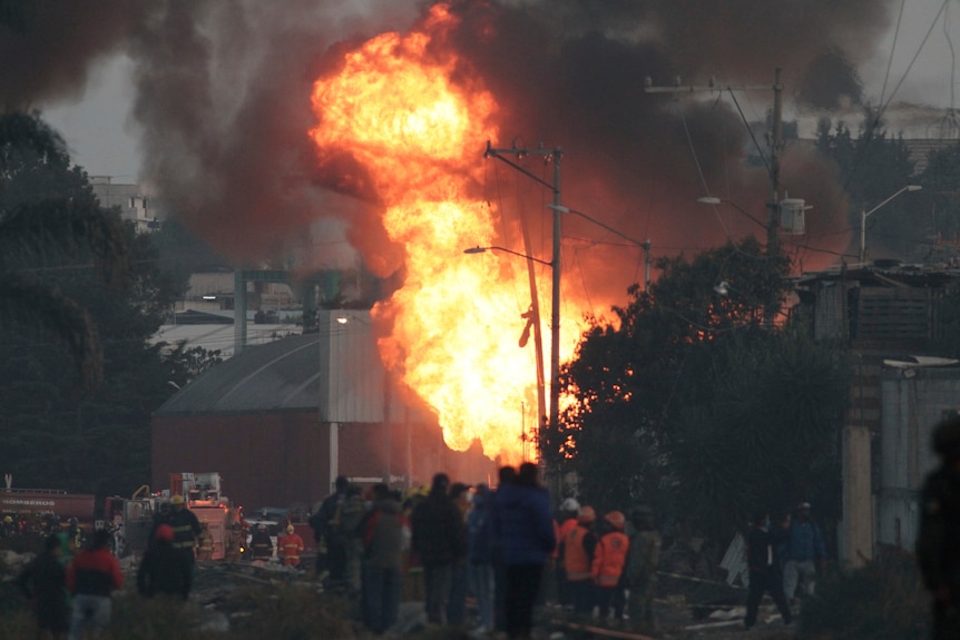 People watch on as large flames rise into the air.