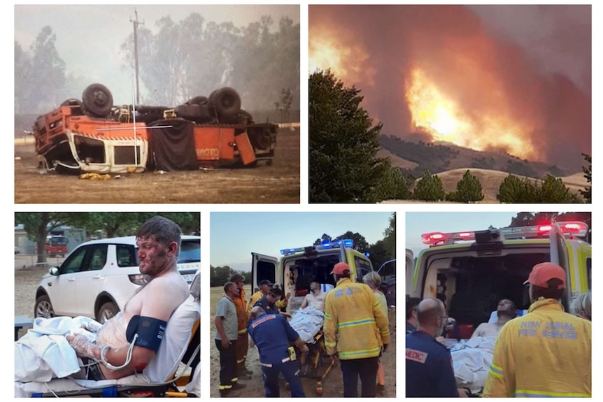 Images from Dec 30 2019, showing a bushfire, an RFS van overturned, and an injured man lifted into an ambulance.