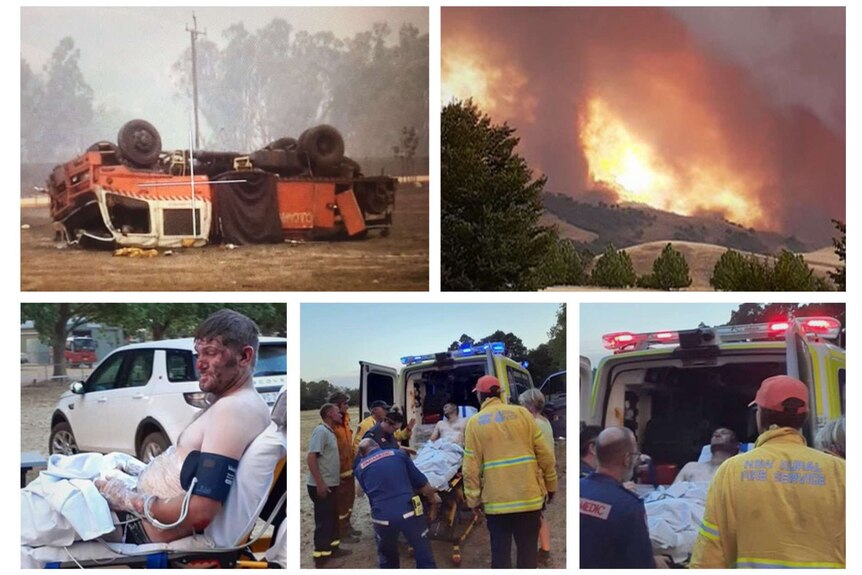 Images from Dec 30 2019, showing a bushfire, an RFS van overturned, and an injured man lifted into an ambulance.