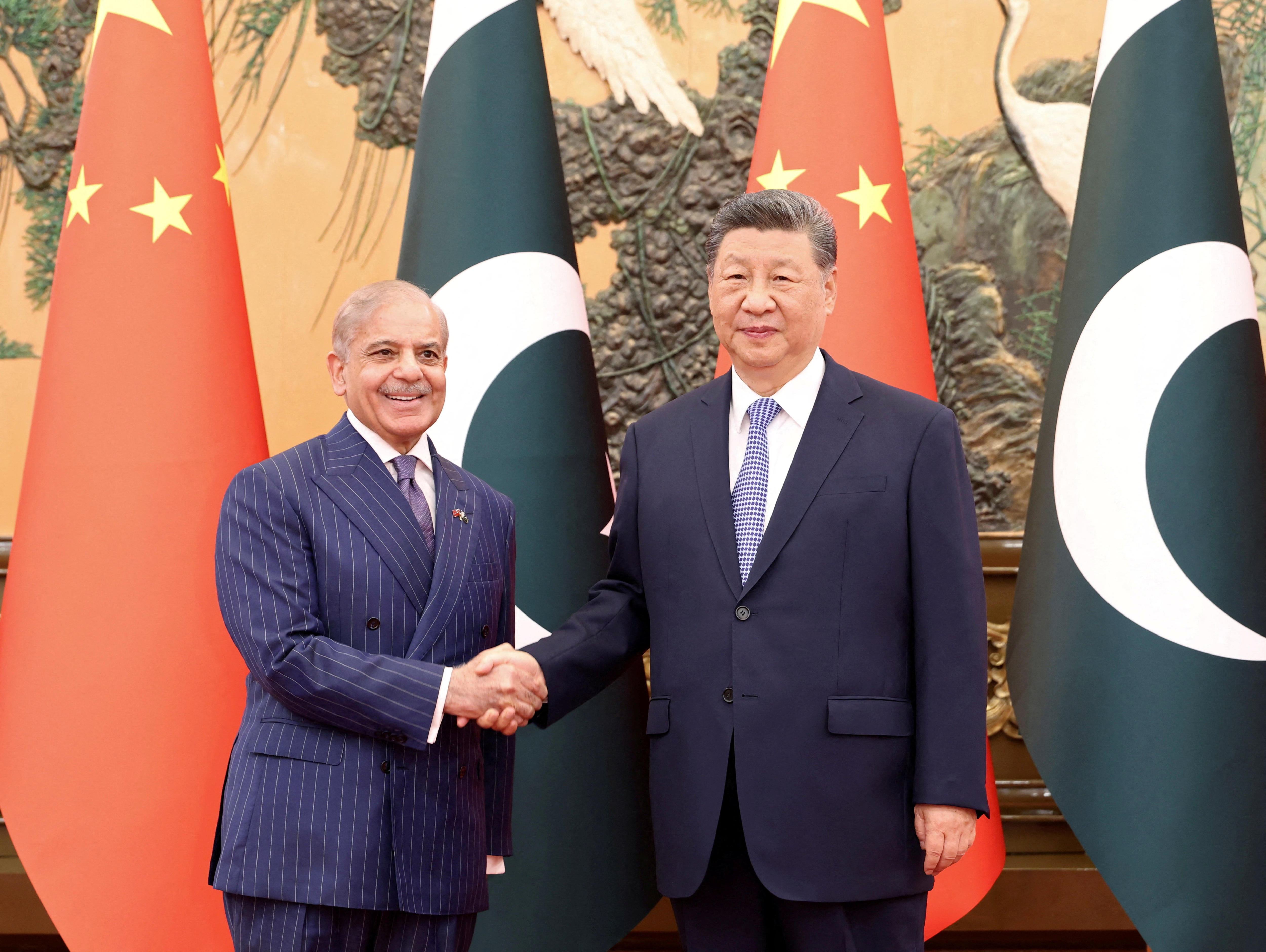 Shebaz and Xi in suits shake hands in front of Chinese and Pakistani flags