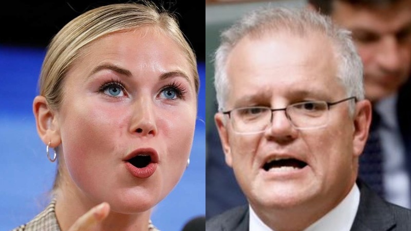 A composite image of Grace Tame and Scott Morrison