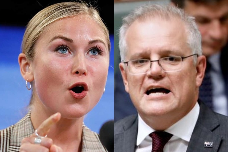 A composite image of Grace Tame and Scott Morrison