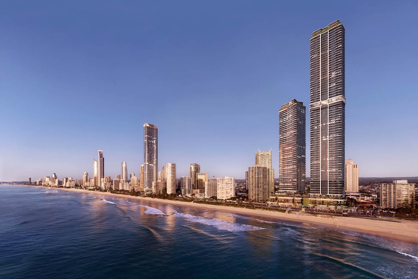 A computer-generated image of high-rise developments on a beachfront.