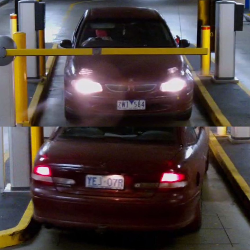 Composite image of a maroon sedan with stolen licence plates at the Canberra Centre.