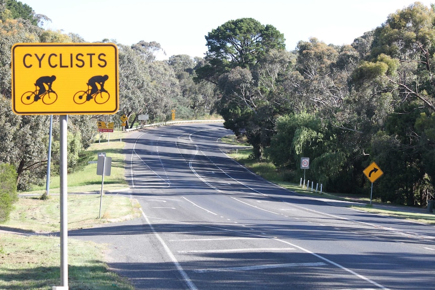 A cyclist sign on Black Forest Drive near Woodend in the Macedon Ranges, in central Victoria.