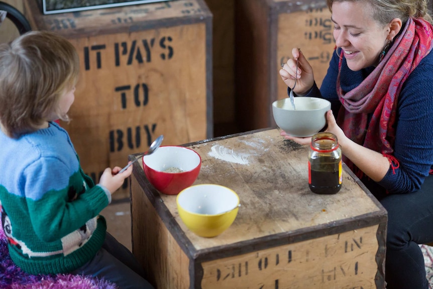 Sarah Smethurst eats breakfast with her nephew.