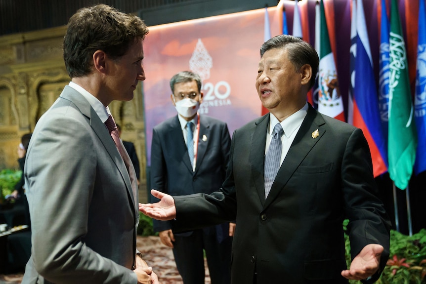 Justin Trudeau in grey suit (left) and Xi Jinping in black suit gestures while speaking.