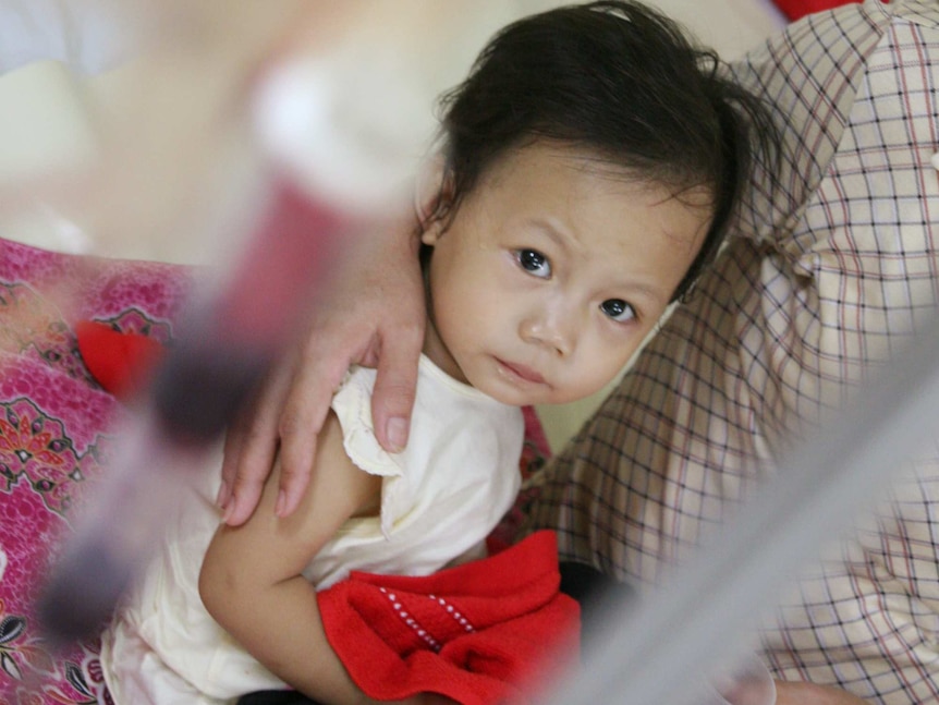 18-month-old thalassemia patient receives a blood transfusion