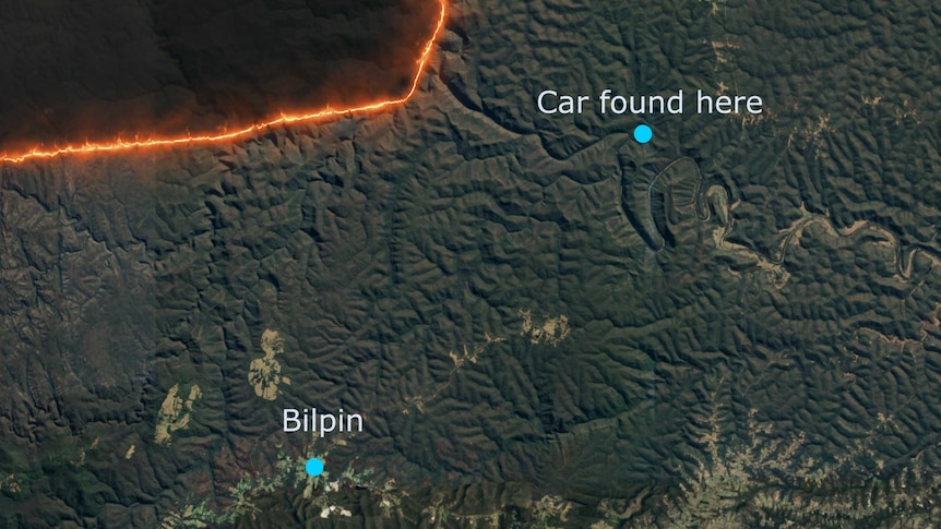 A map with a large line of fire on it and two separate points showing where a car was found and where the nearest town is