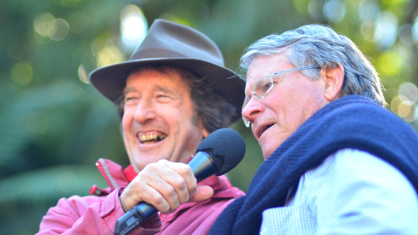Macca talks to his friend Dr Tom Biggs, at a special broadcast of Australia All Over, to mark the 80th anniversary of the ABC.