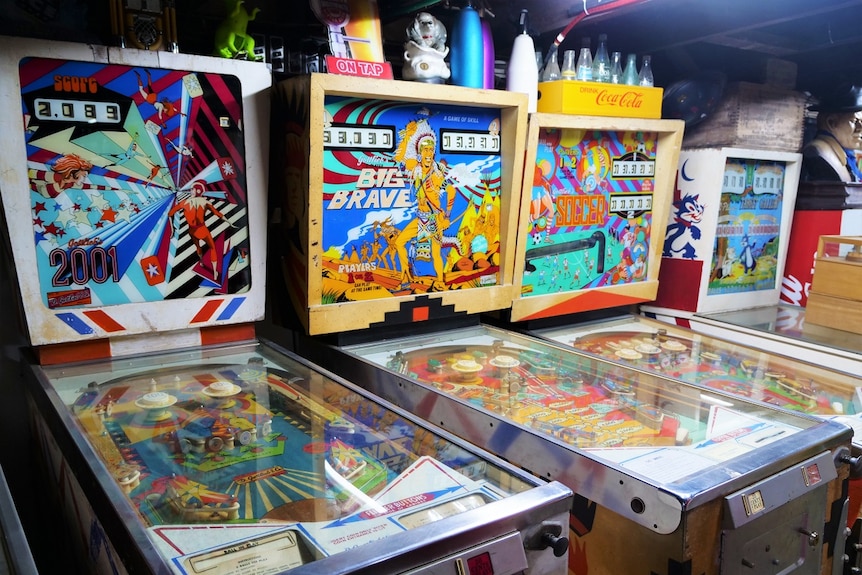 Old school pinball machines, 2001, Big Brave and soccer, colourful artwork.