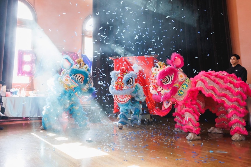 Two blue lion costumes and a pink lion costume dance among a spray of confetti indoors