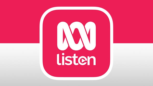 A pink and white rectangle with the ABC listen app logo