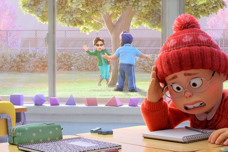 A still from Turning Red, where Mei's mum (played by Sandra Oh) comes to check in on Mei at school.