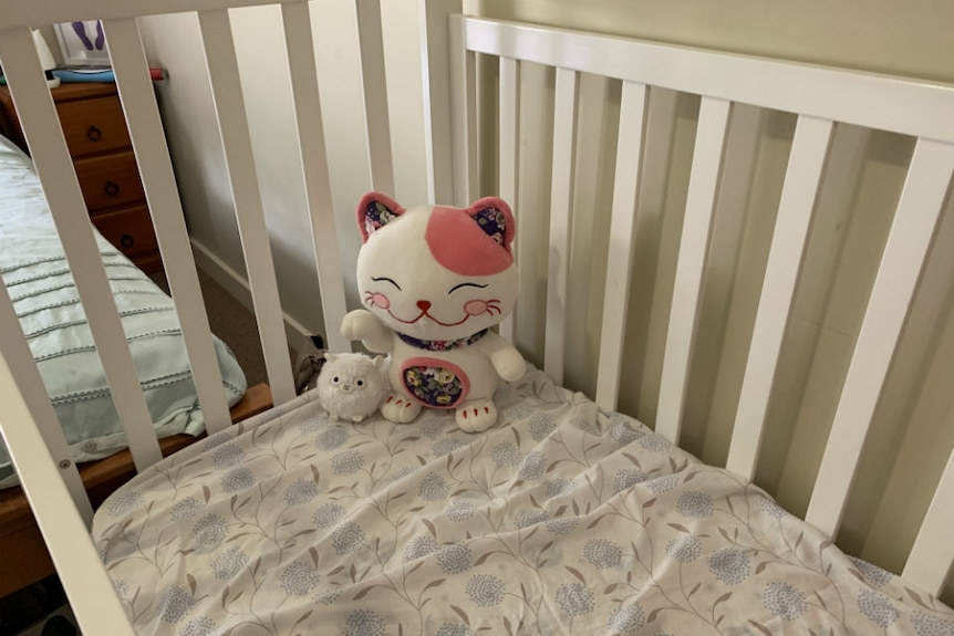 A white cot with a pink and white cat toy.