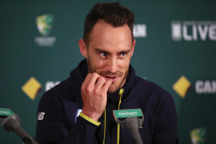 Faf du Plessis at a press conference after being found guilty of ball tampering
