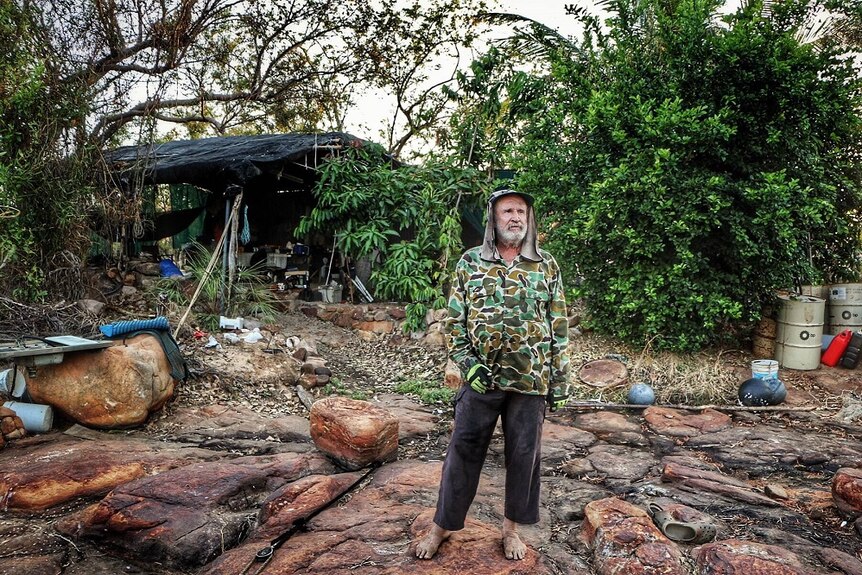 Don McLeod standing in front of his camp on the Drysdale River in the Kimberley