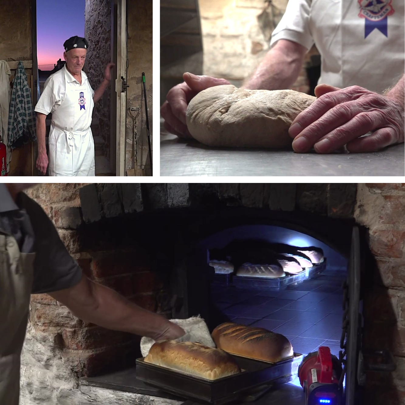 Two images of a man working in an underground bakery.