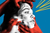 Illustration of woman with red hands around her head and yellow shards coming from her face for a story about migraine.