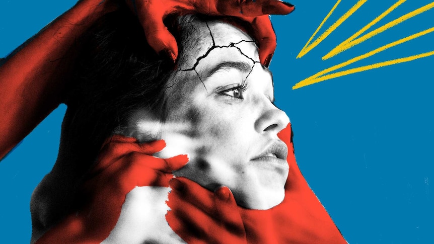 Illustration of woman with red hands around her head and yellow shards coming from her face for a story about migraine.