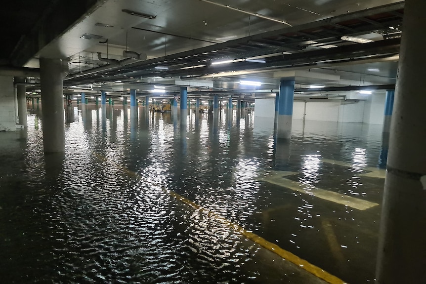 Underground car park inundated with water. 