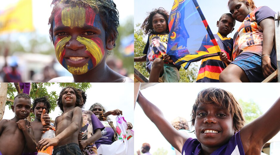 Four images showing fans in team colours at Wadeye football final.