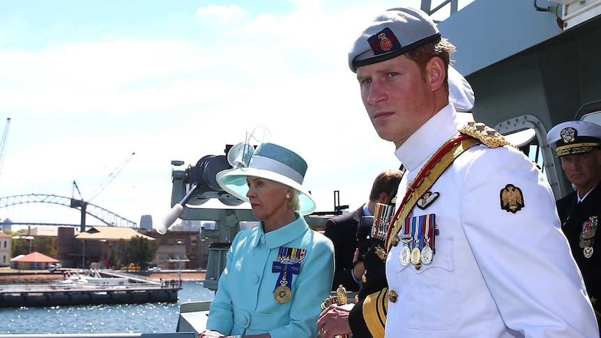 Prince Harry and Governor-General Quentin Bryce onboard the HMAS Leeuwin on Sydney Harbour