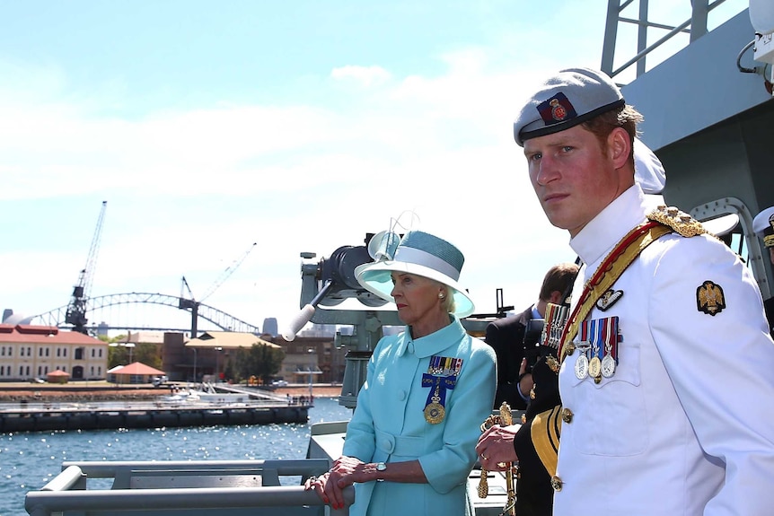 Prince Harry and Governor-General Quentin Bryce onboard the HMAS Leeuwin on Sydney Harbour
