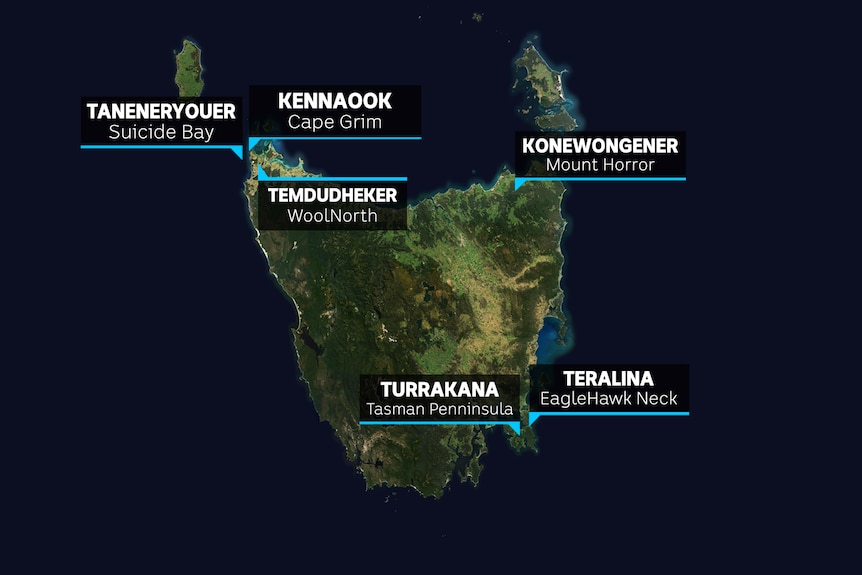 A map of Tasmania with several places pinpointed with their Western and Aboriginal names