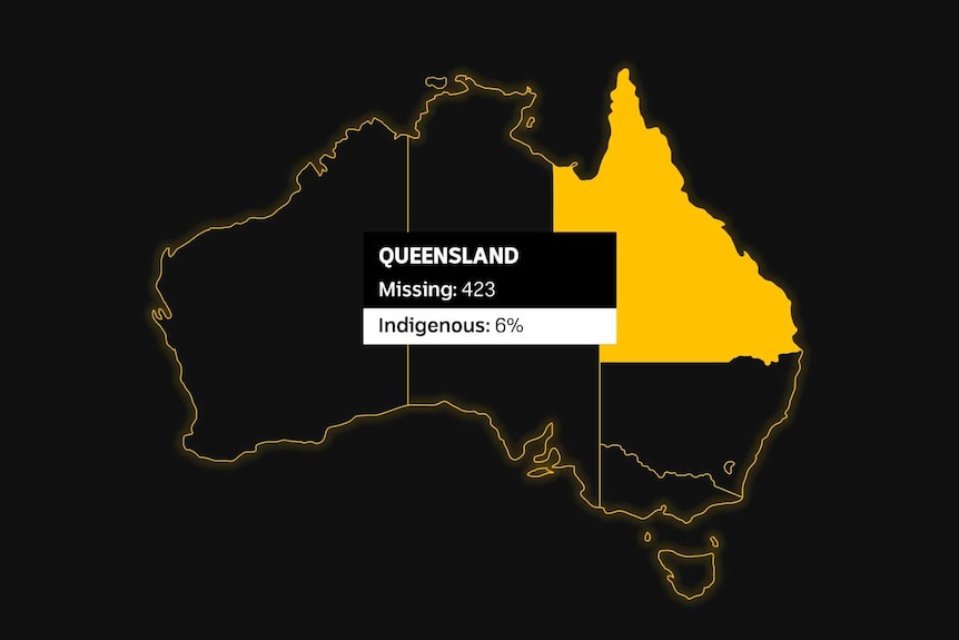A black and yellow map of Australia shows 17.5 per cent of missing persons in WA are Indigenous.