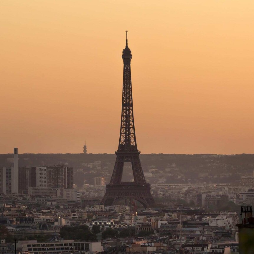 The Eiffel Tower pictured at dusk.