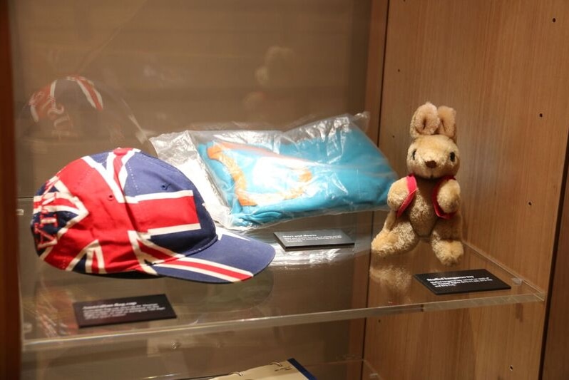 Australian memorabilia in a cabinet.