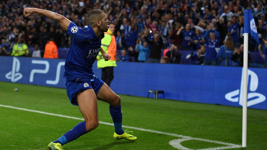 Leicester's Islam Slimani celebrates his Champions League goal against Porto on September 27, 2016.